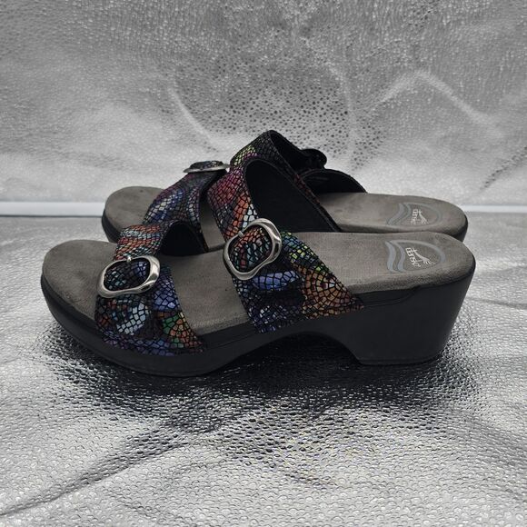 Dansko Sophie Slide Wedge Snakeskin Mosaic Rainbow Sandal Size 38 Adjustable - Picture 3 of 8